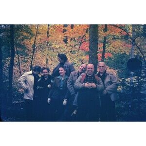 Kodak Slide 1940s Red Border Kodachrome Smiling Happy Group Pose For Fall Photo